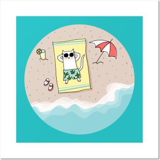 Cat Sunbathing on the Beach Posters and Art